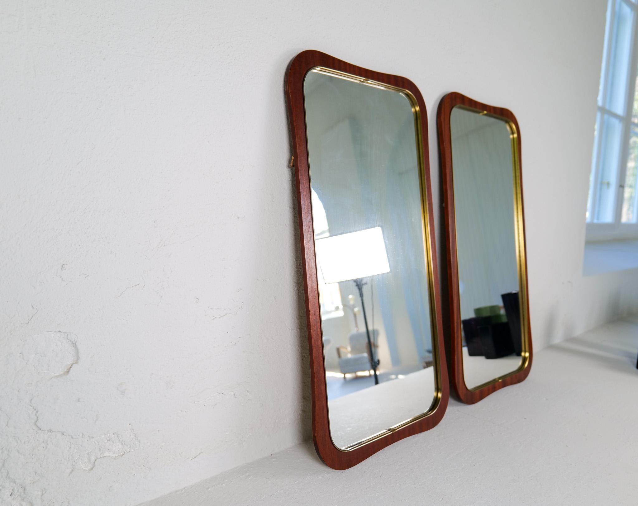 Midcentury Modern Pair of Wood and Brass Mirrors Sweden 1950s In Good Condition For Sale In Hillringsberg, SE