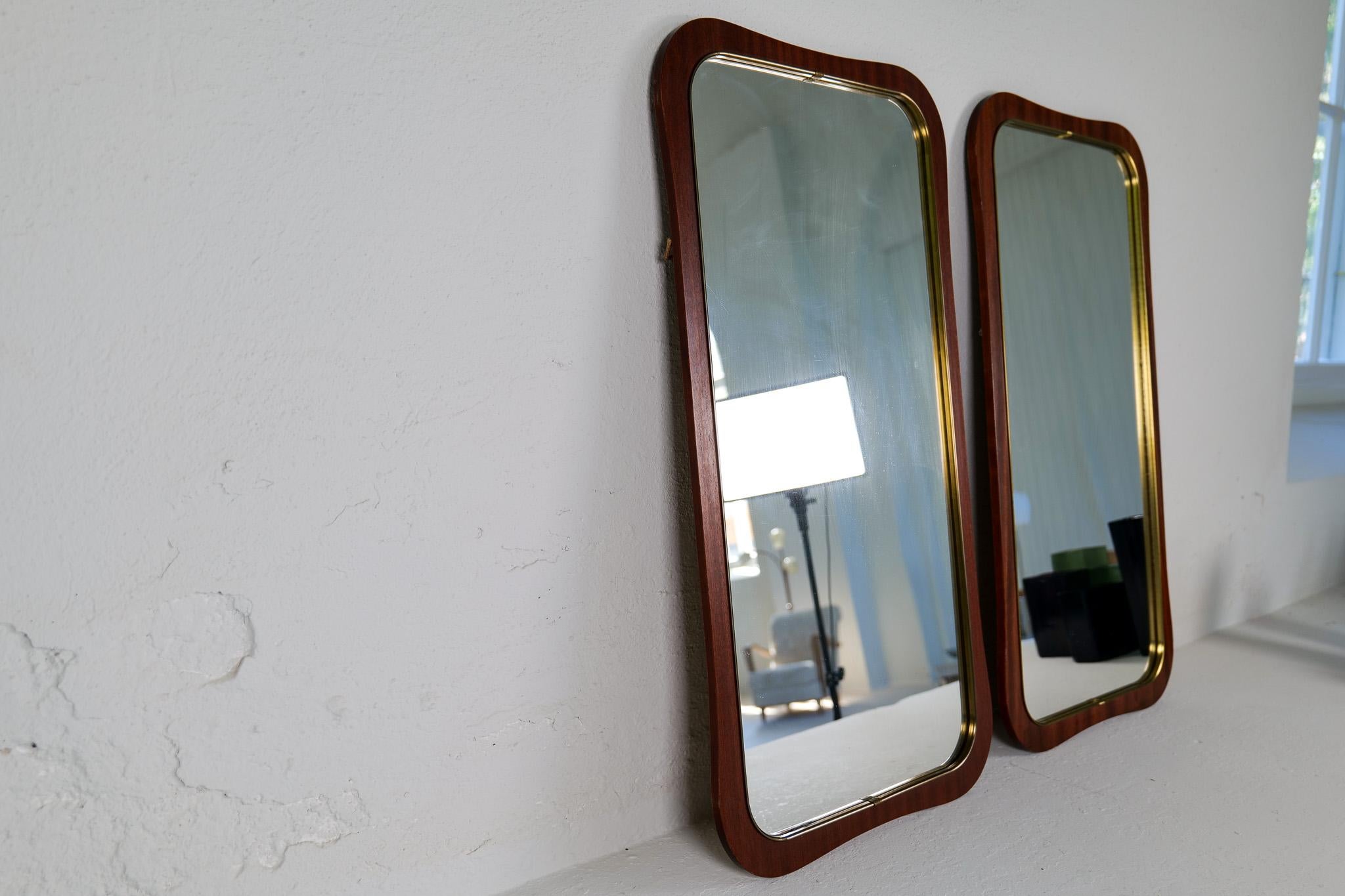 Mid-20th Century Midcentury Modern Pair of Wood and Brass Mirrors Sweden 1950s For Sale