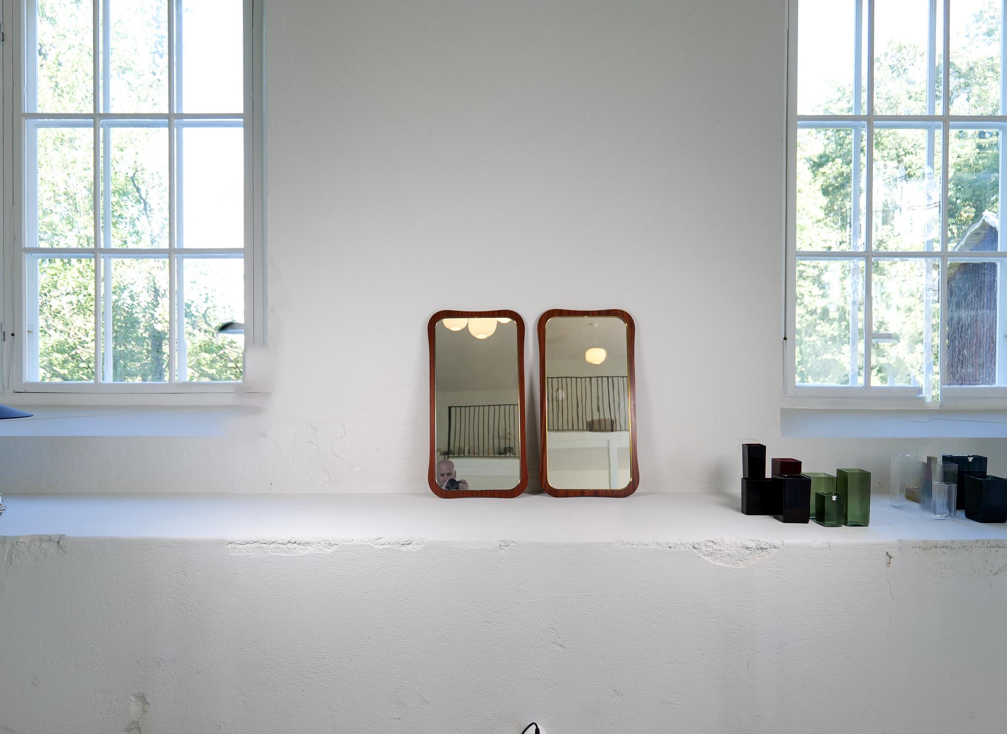 Midcentury Modern Pair of Wood and Brass Mirrors Sweden 1950s For Sale 1