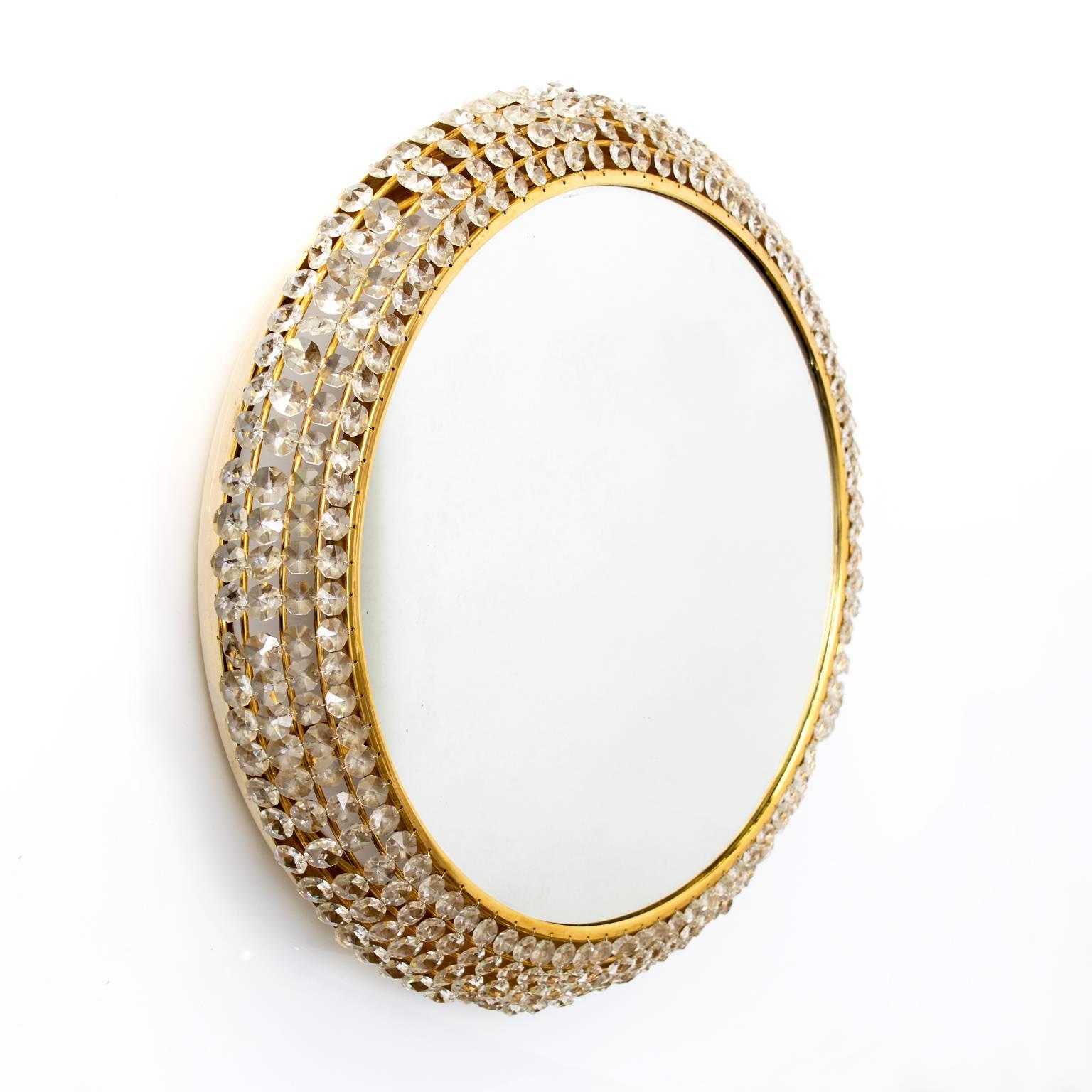 Mid-Century Modern Midcentury Modern Palwa Gilded Brass Round Mirror Decorated with Crystals