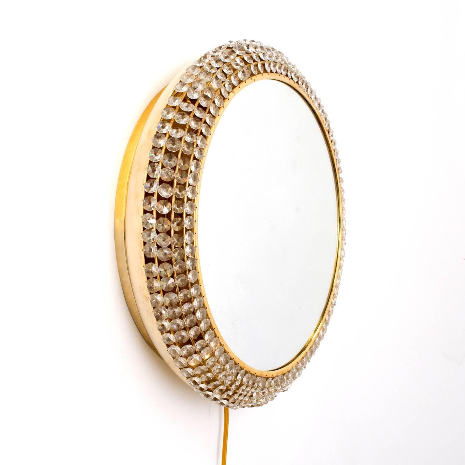 German Midcentury Modern Palwa Gilded Brass Round Mirror Decorated with Crystals
