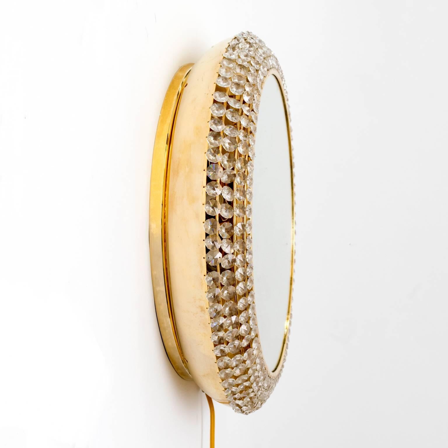 Gilt Midcentury Modern Palwa Gilded Brass Round Mirror Decorated with Crystals