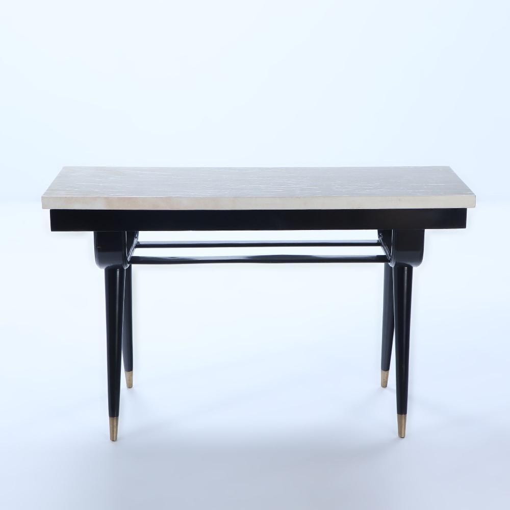 Midcentury Modern Parchment Top Console Table with Ebonized Hardwood Base, 1950.