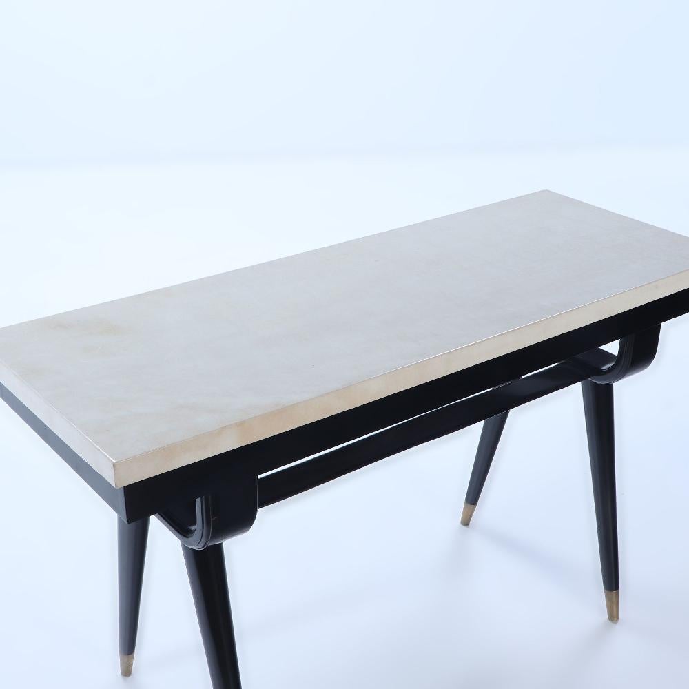 Ebonized Midcentury Modern Parchment Top Console Table For Sale