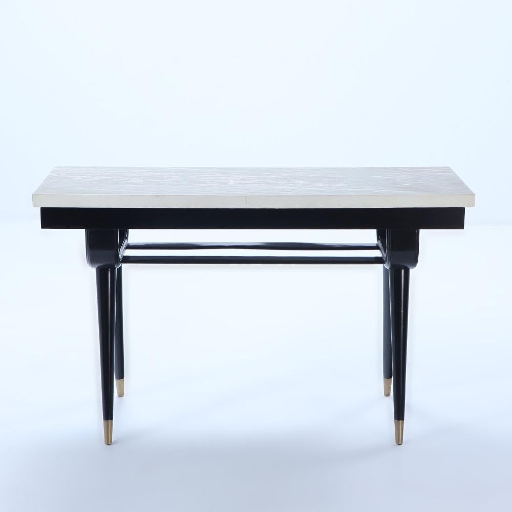 Wood Midcentury Modern Parchment Top Console Table For Sale