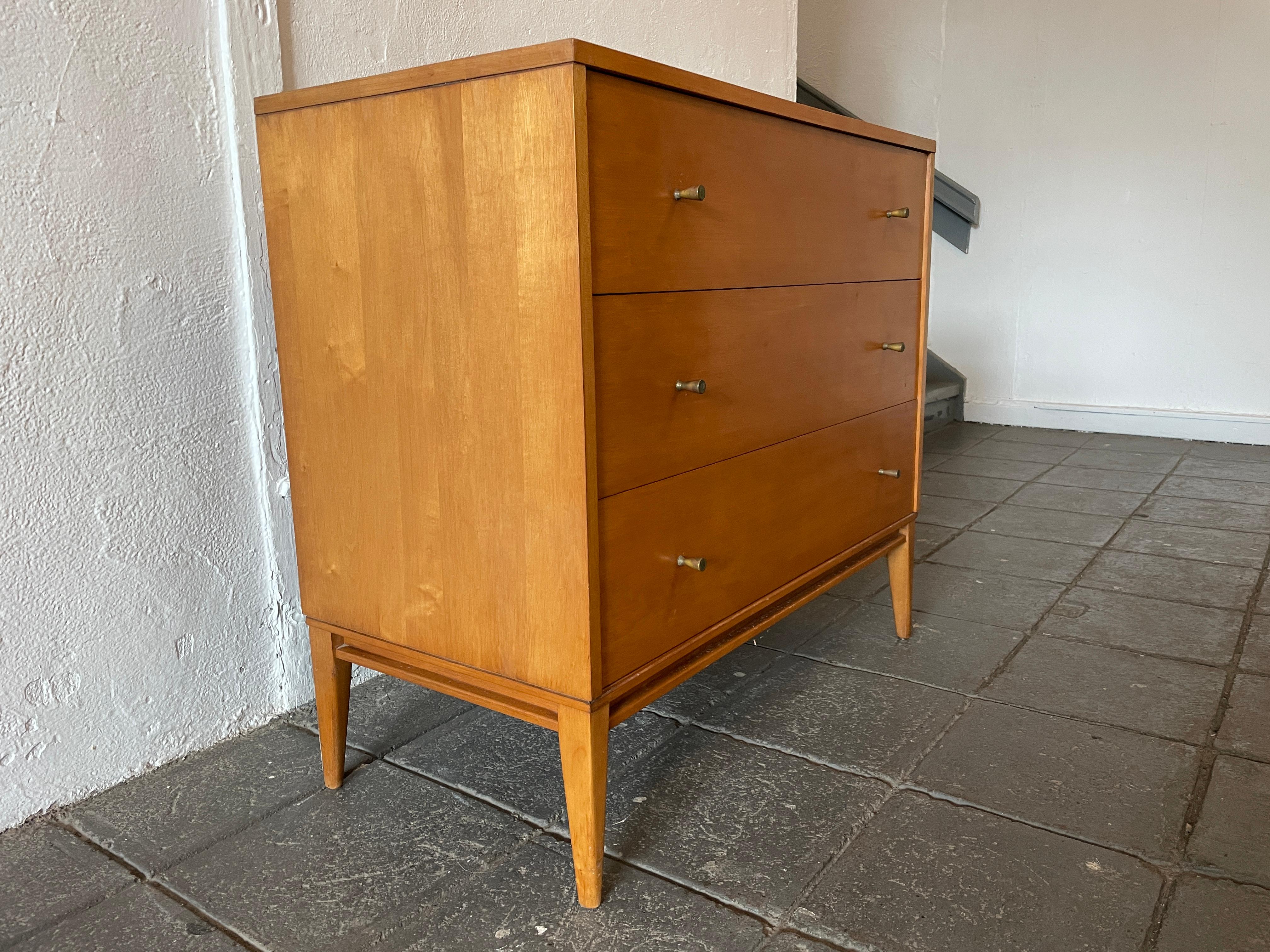 Woodwork Mid-Century Modern Paul McCobb 3-Drawer Dresser #1508 Blonde Finish Brass Pulls