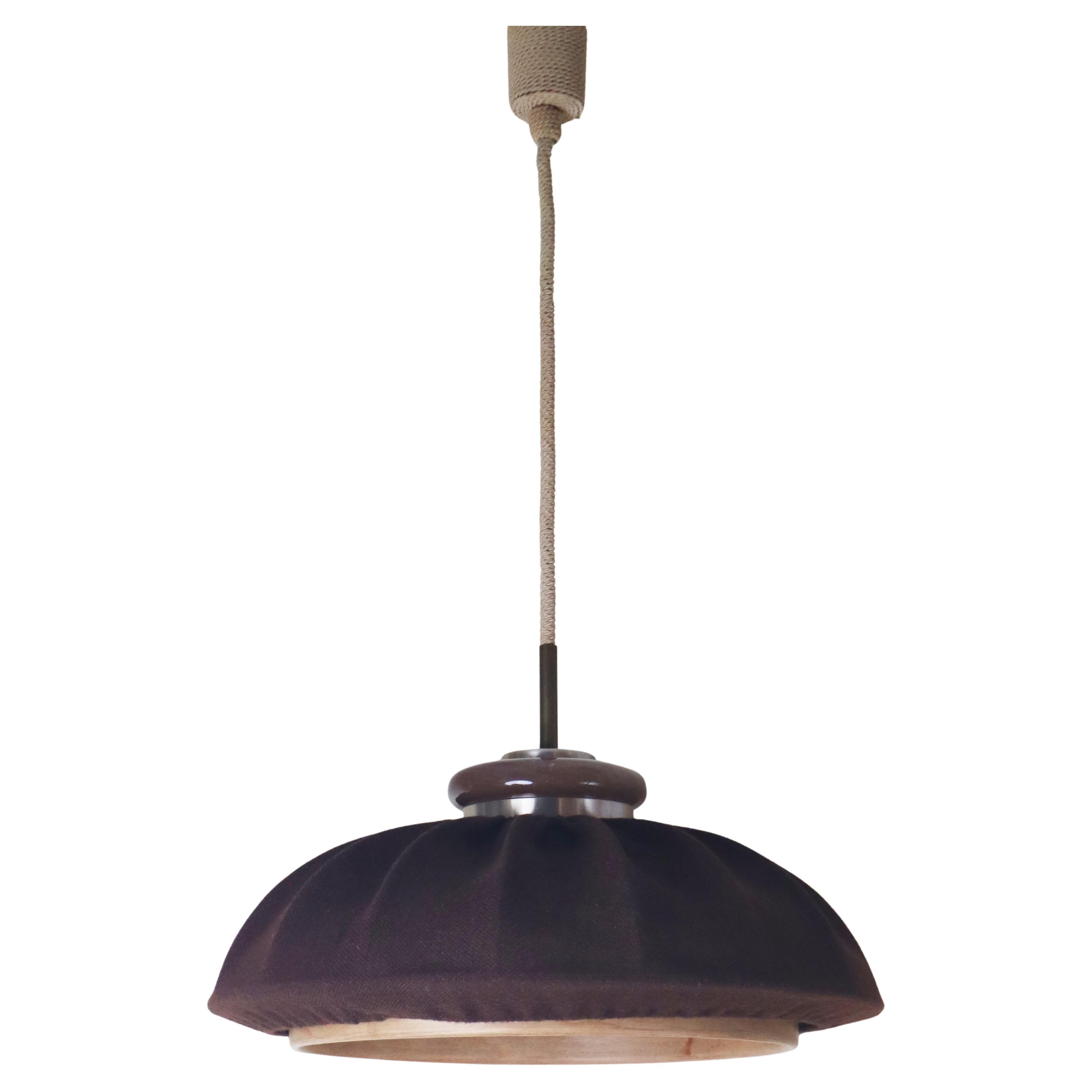Midcentury Modern Pendant Lamp In Brown Fabric, Wood And Glass By Doria Germany