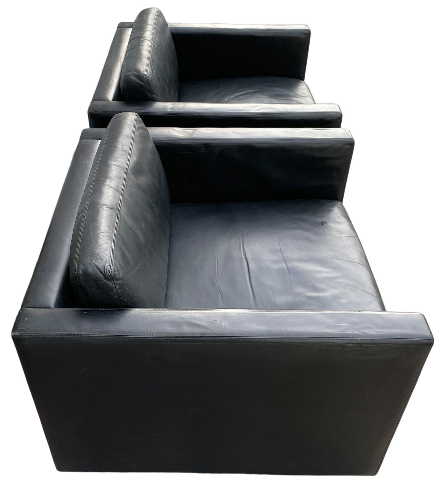 American Mid-Century Modern Pfister Cube Lounge Chairs for Knoll in Black Leather For Sale
