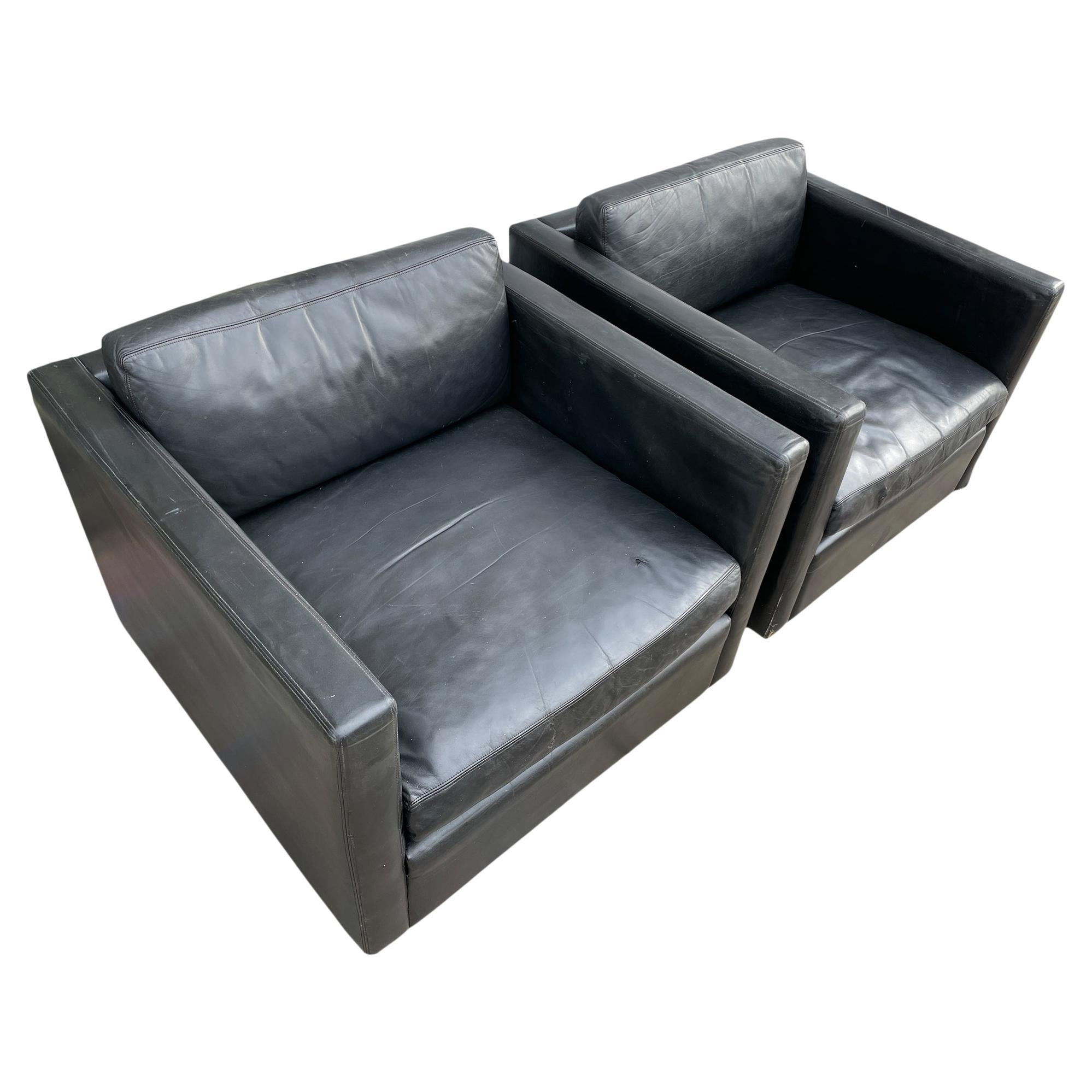 Mid-Century Modern Pfister Cube Lounge Chairs for Knoll in Black Leather