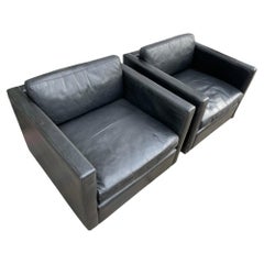 Mid-Century Modern Pfizer Cube Lounge Chairs for Knoll in Black Leather