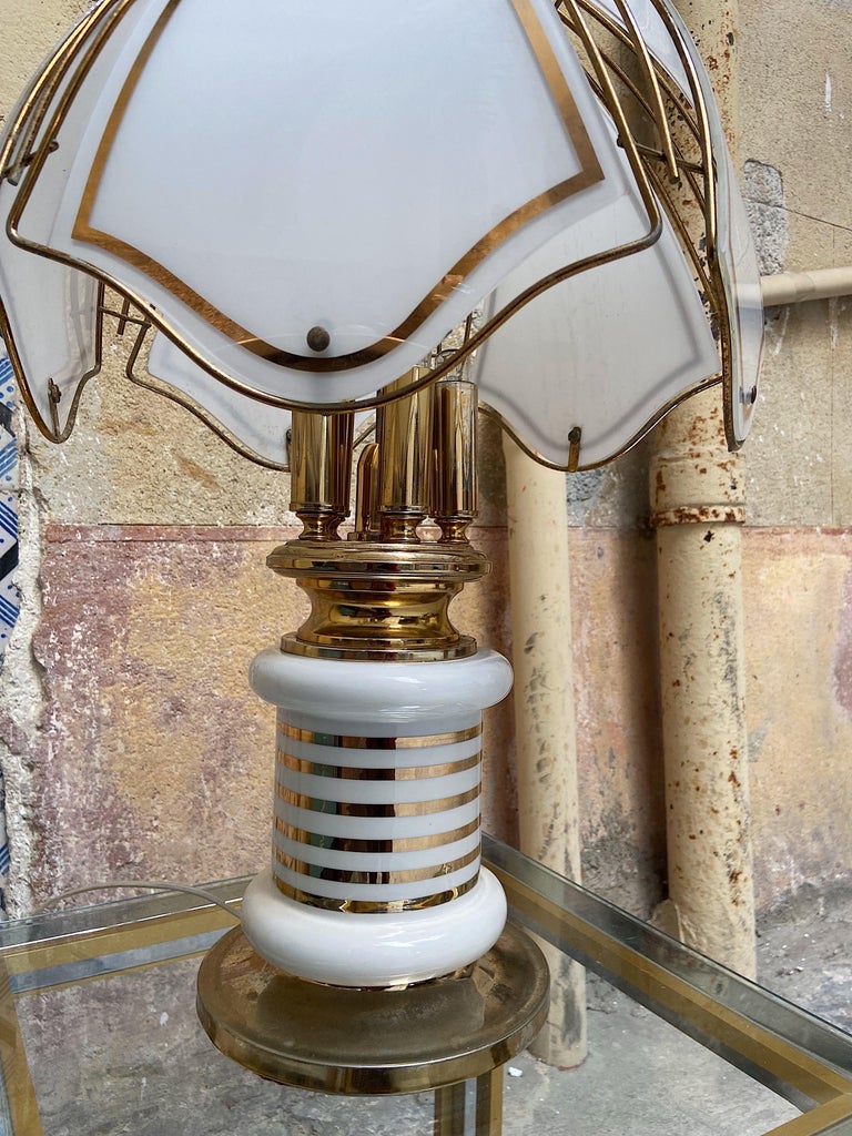 Mid-Century Modern Porcelain and Glass Panel Table Light, 1980s