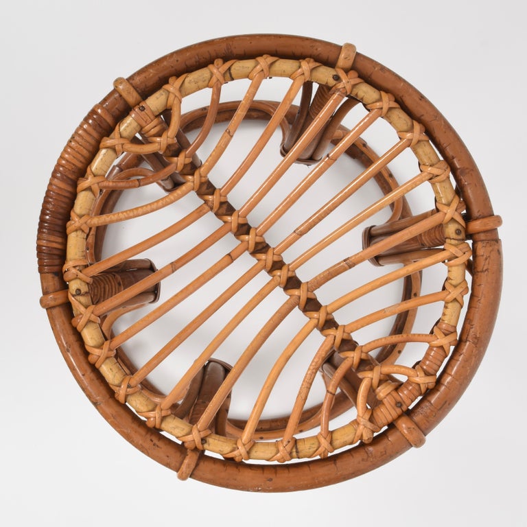 Mid-Century Modern Rattan and Bamboo Italian Round Stool, 1960s