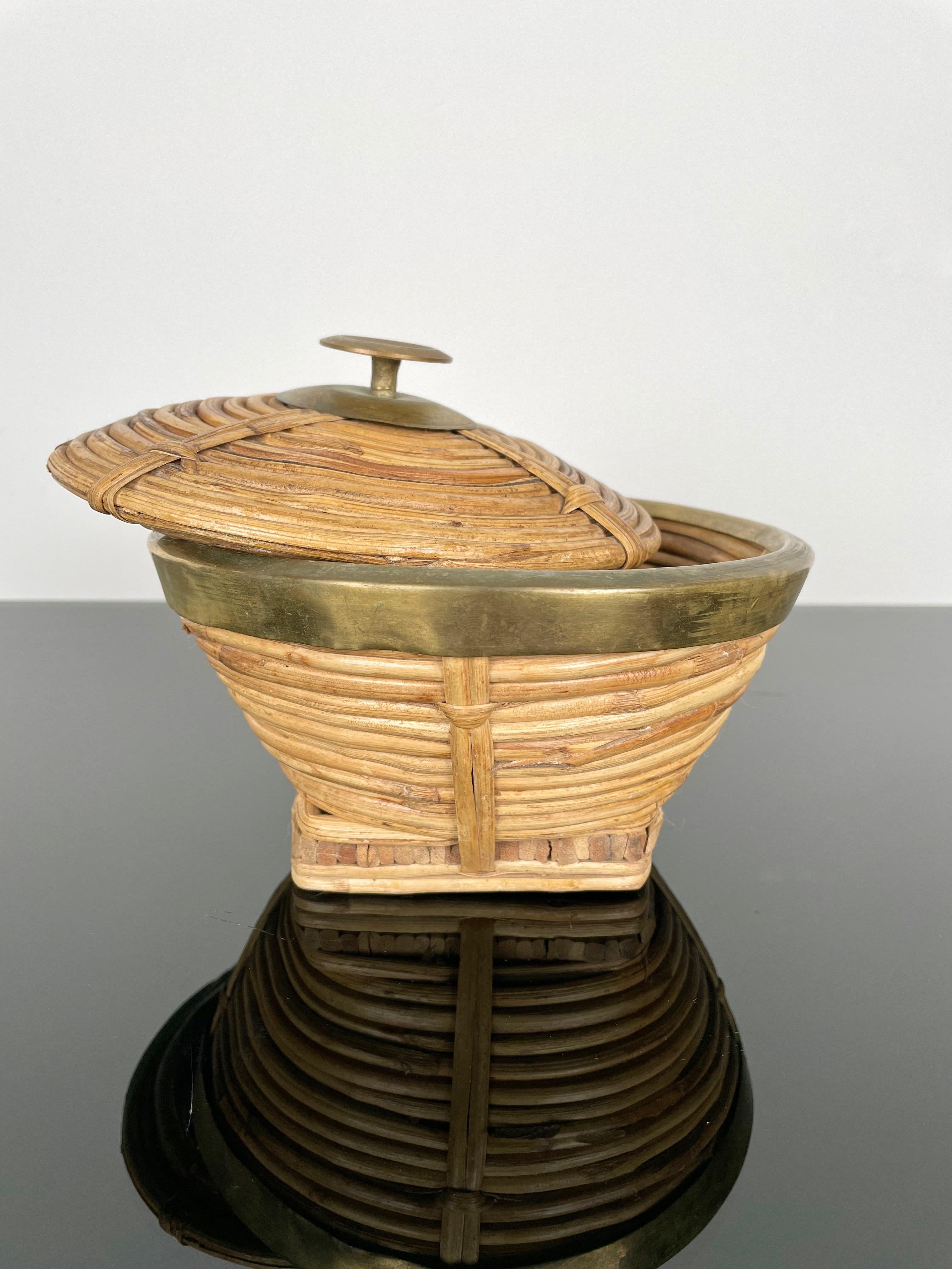 Metal Mid-Century Modern Rattan and Brass Box Bowl, Italy, 1960s