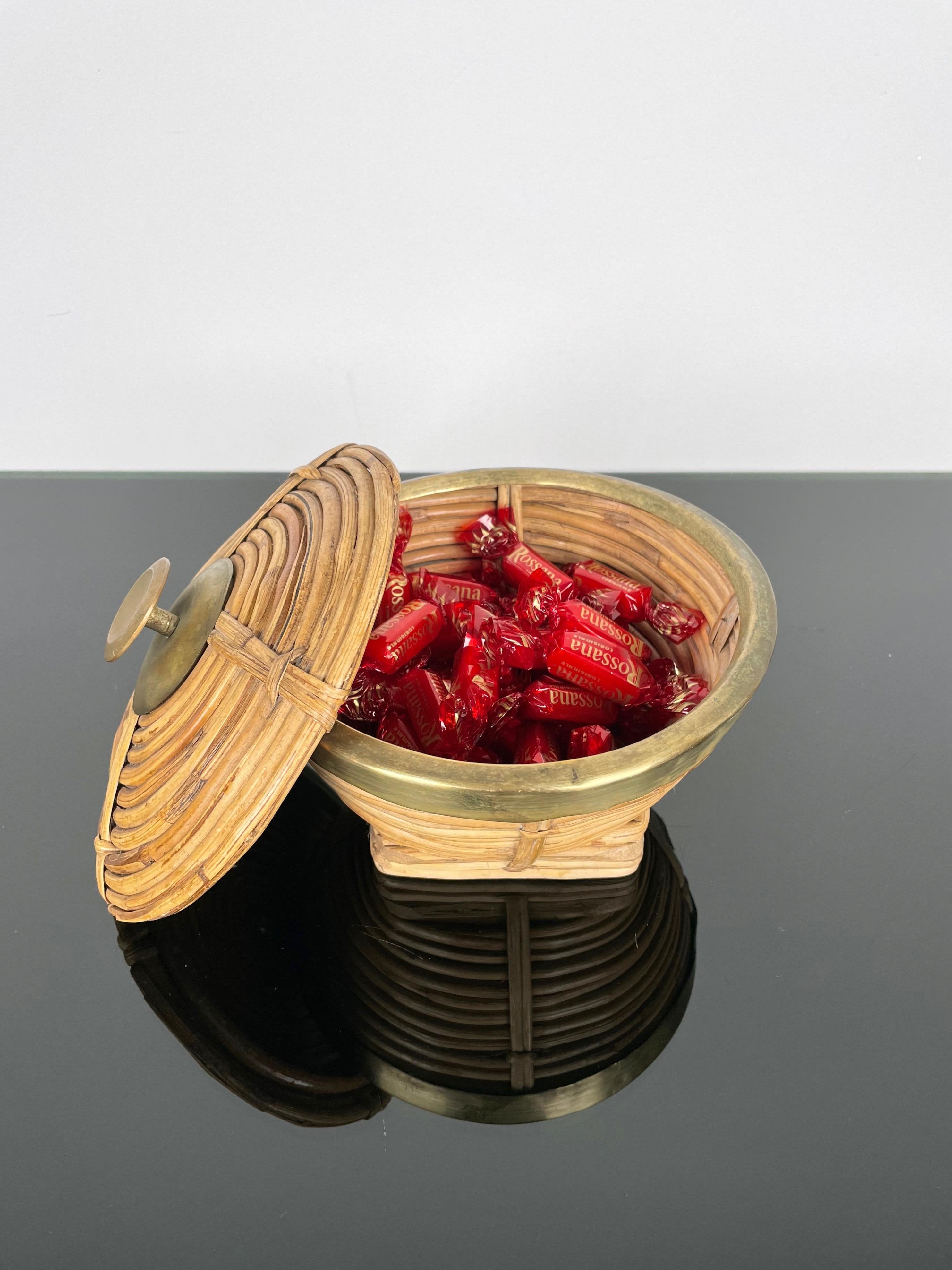 Mid-Century Modern Rattan and Brass Box Bowl, Italy, 1960s 1