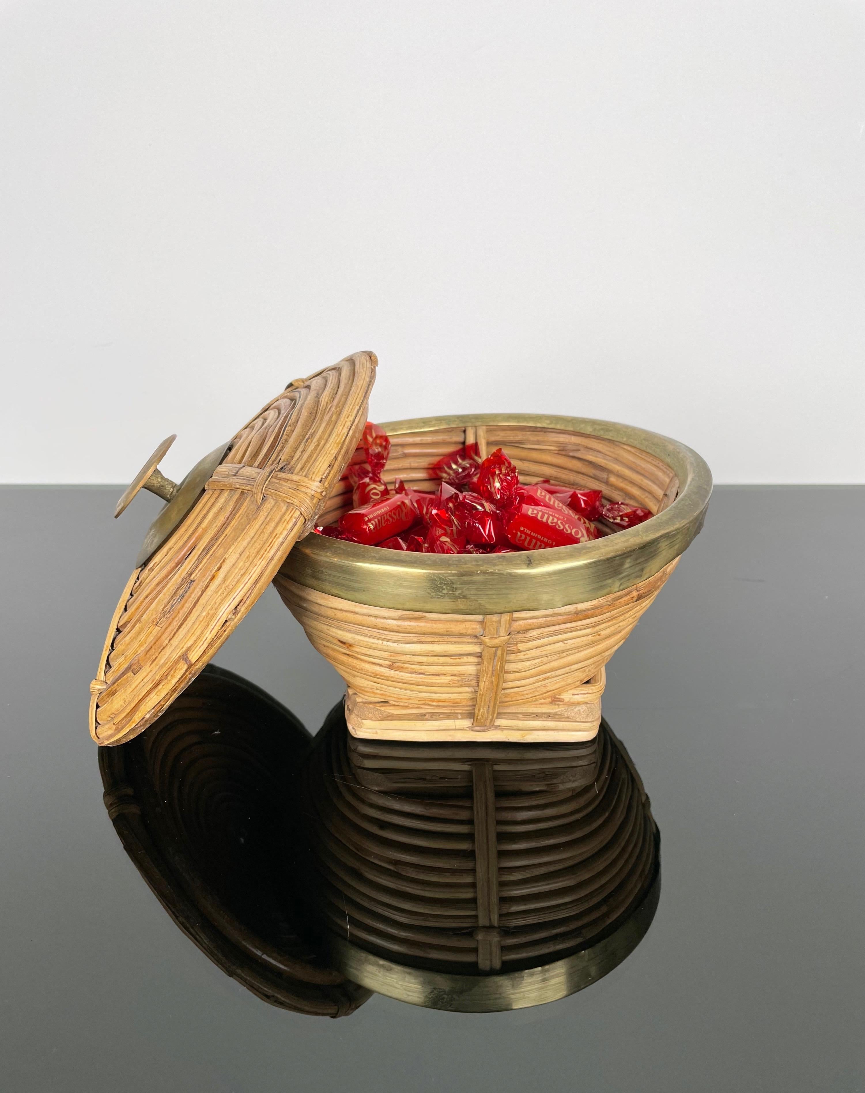 Mid-Century Modern Rattan and Brass Box Bowl, Italy, 1960s 2