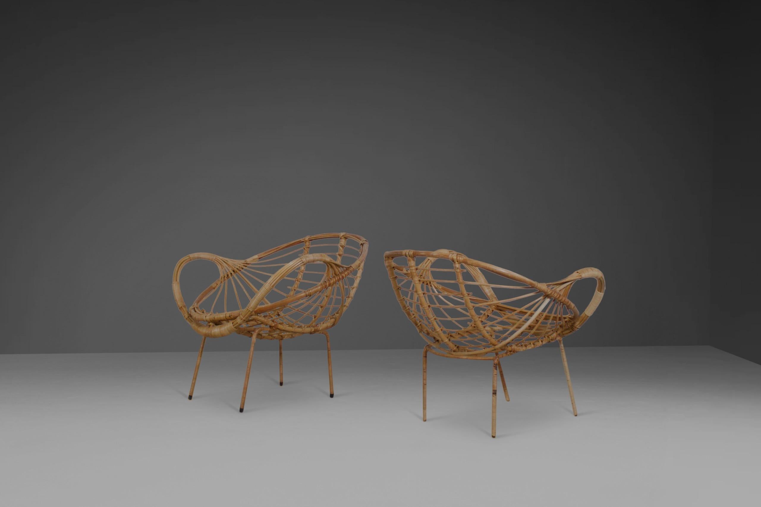 French Midcentury Modern Rattan and Metal Armchairs, 1960s For Sale