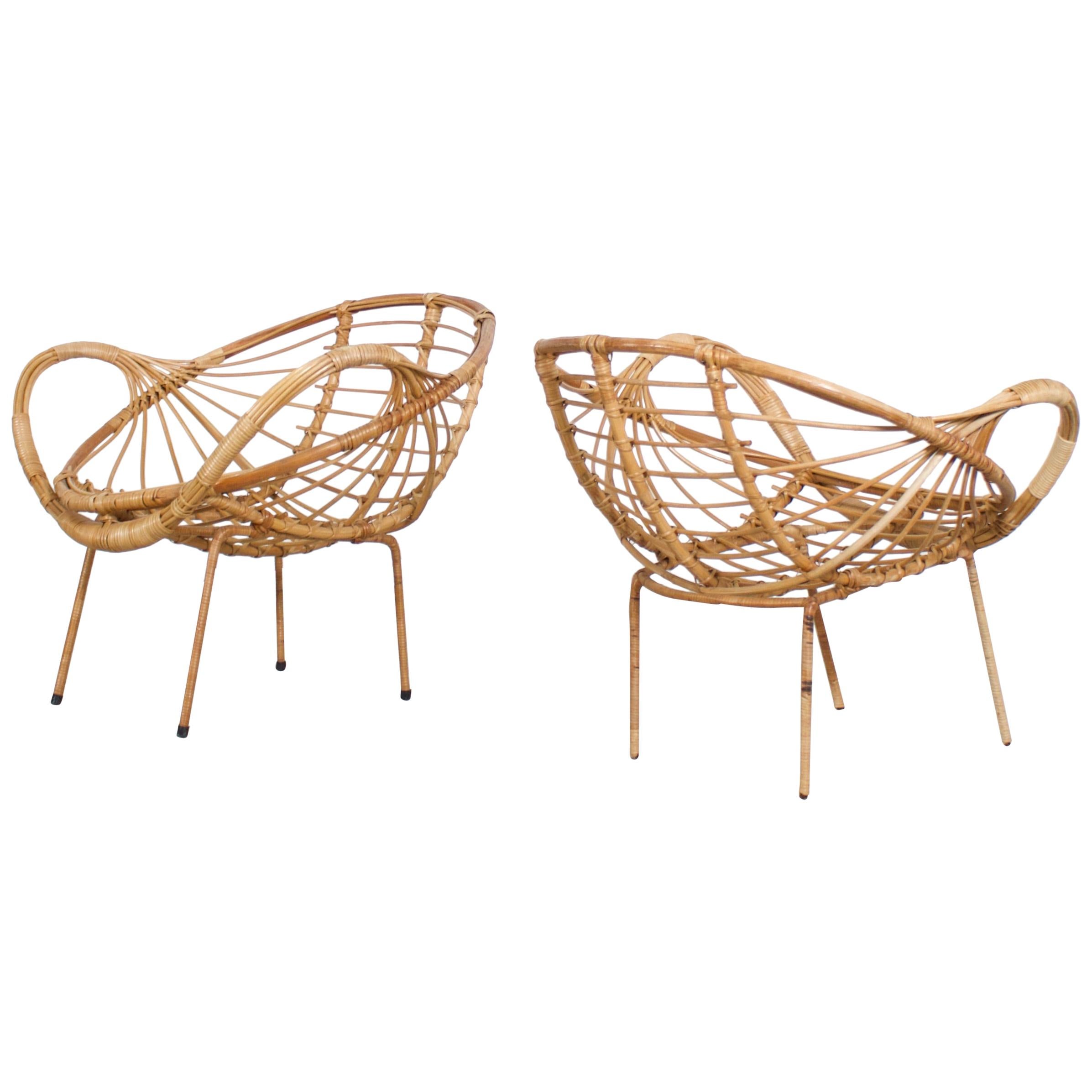 Midcentury Modern Rattan and Metal Armchairs, 1960s