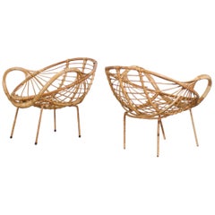 Poltrone moderne in rattan e metallo, anni '60