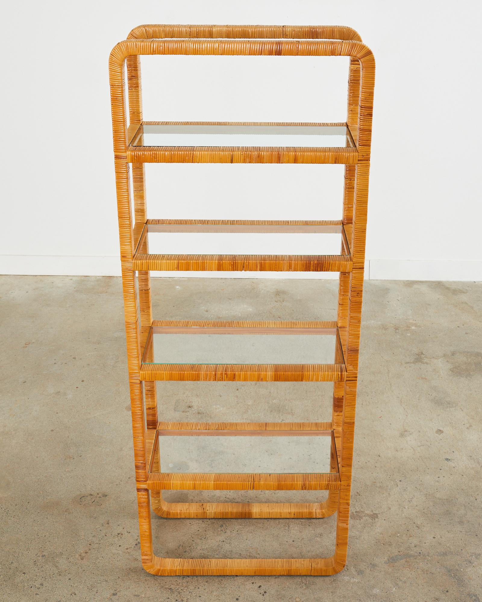 Midcentury Modern Rattan Wrapped Four Shelf Etagere Bookcase For Sale 12