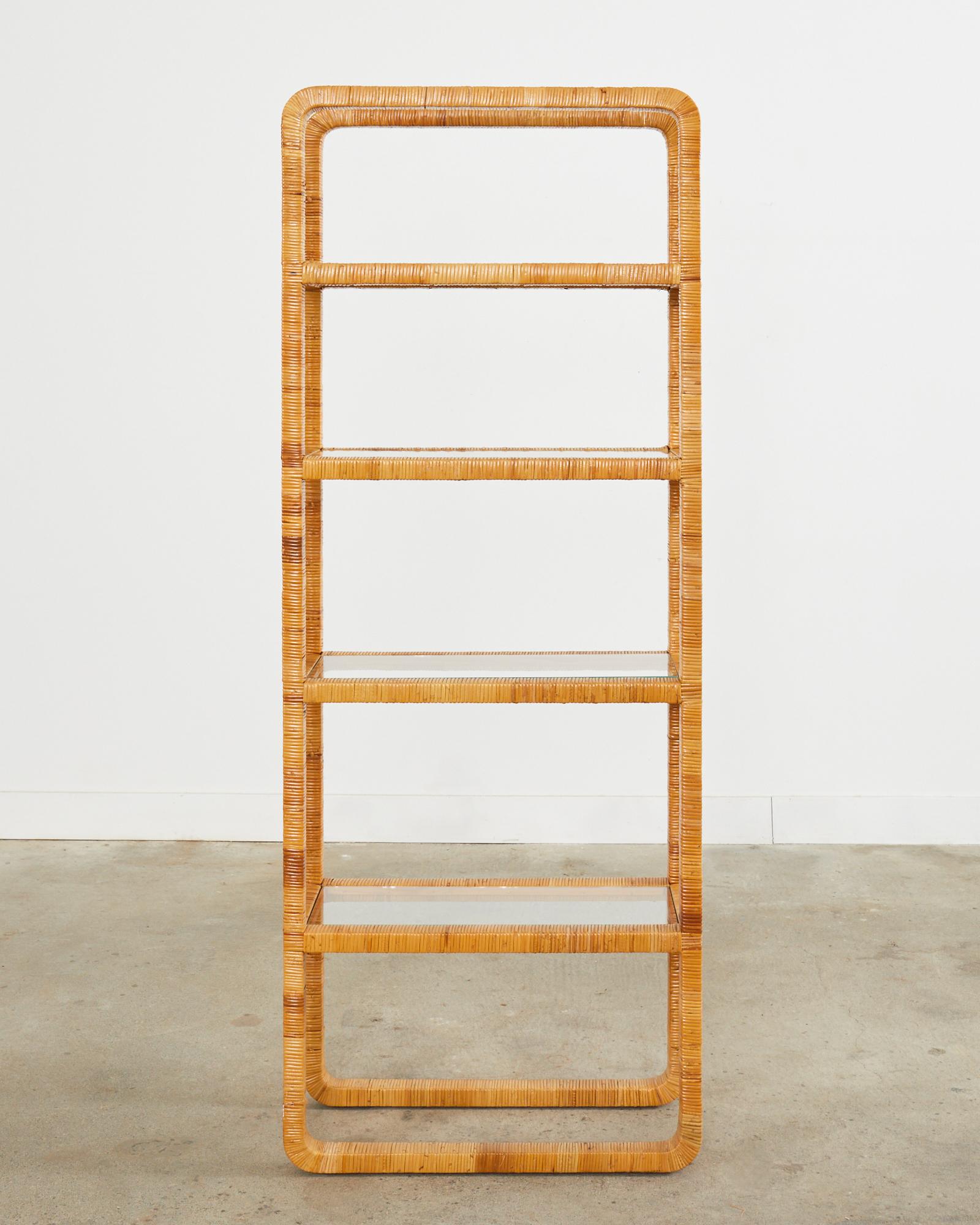 American Midcentury Modern Rattan Wrapped Four Shelf Etagere Bookcase For Sale