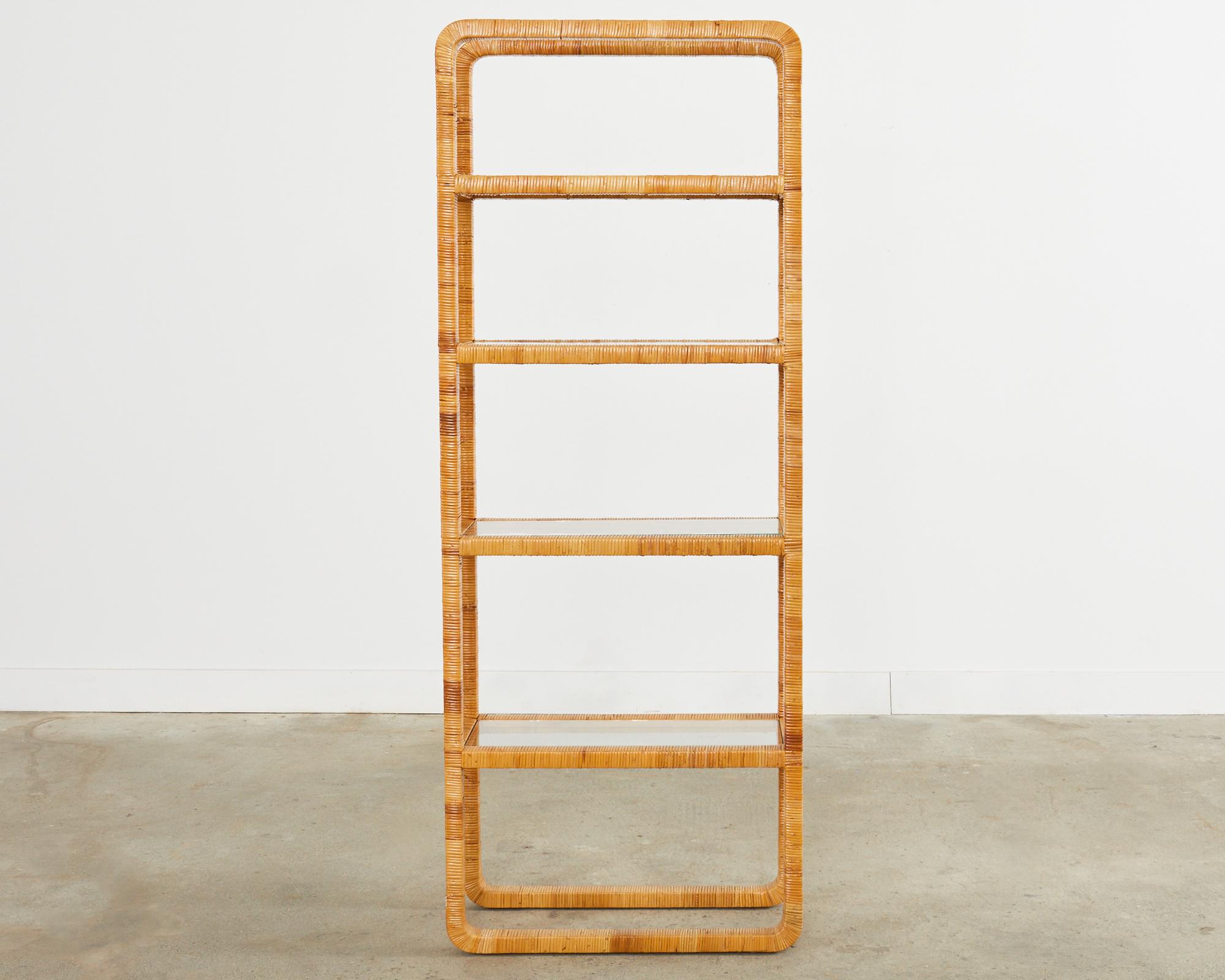 Hand-Crafted Midcentury Modern Rattan Wrapped Four Shelf Etagere Bookcase For Sale
