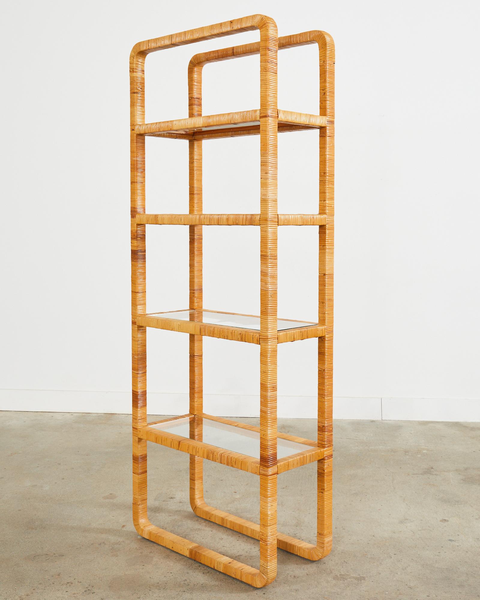 Midcentury Modern Rattan Wrapped Four Shelf Etagere Bookcase In Good Condition For Sale In Rio Vista, CA