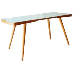 MidCentury Modern Rectangular Oak Glass Cyan Centre Table Czech Republic, 1960