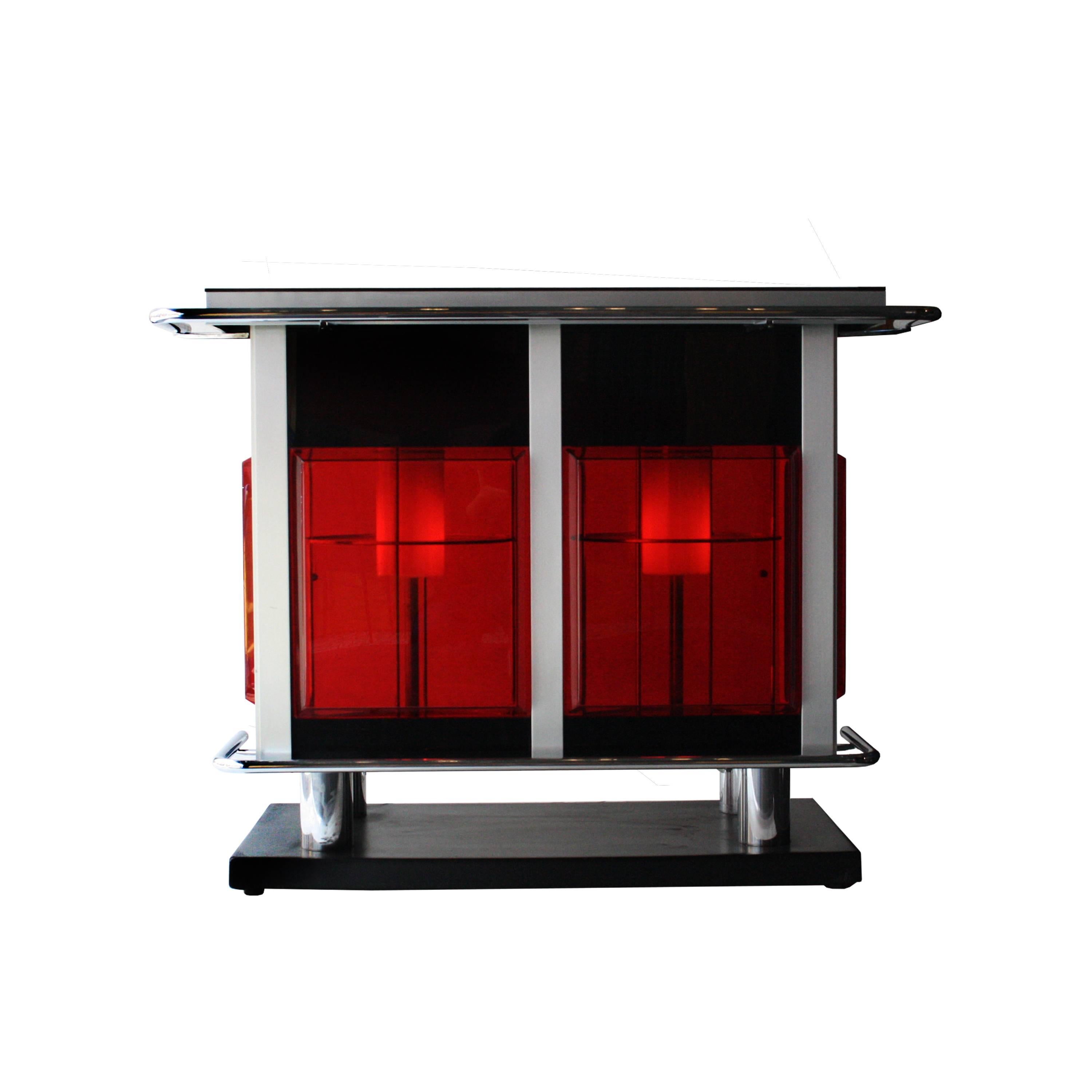 Mid-Century Modern Midcentury Modern Rectangular Red Perplex Metal Chrome Italian Bar Cabinet, 1970