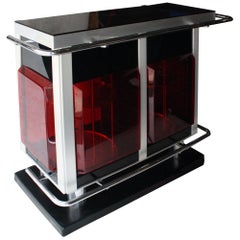 Midcentury Modern Rectangular Red Perplex Metal Chrome Italian Bar Cabinet, 1970