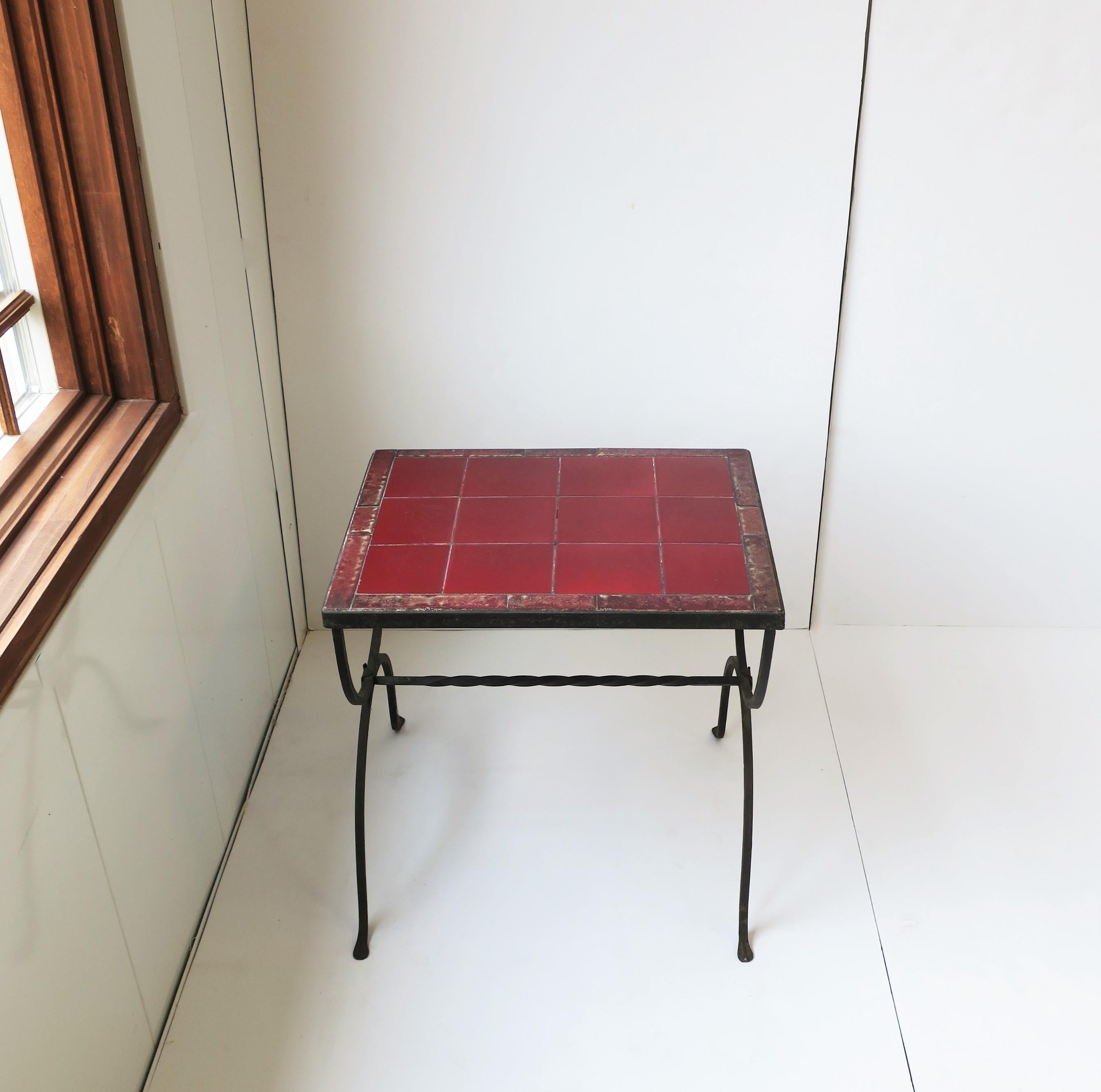Unknown Red Burgundy Tile Top & Iron Side or End Table Patio & Outdoors Regency Revival