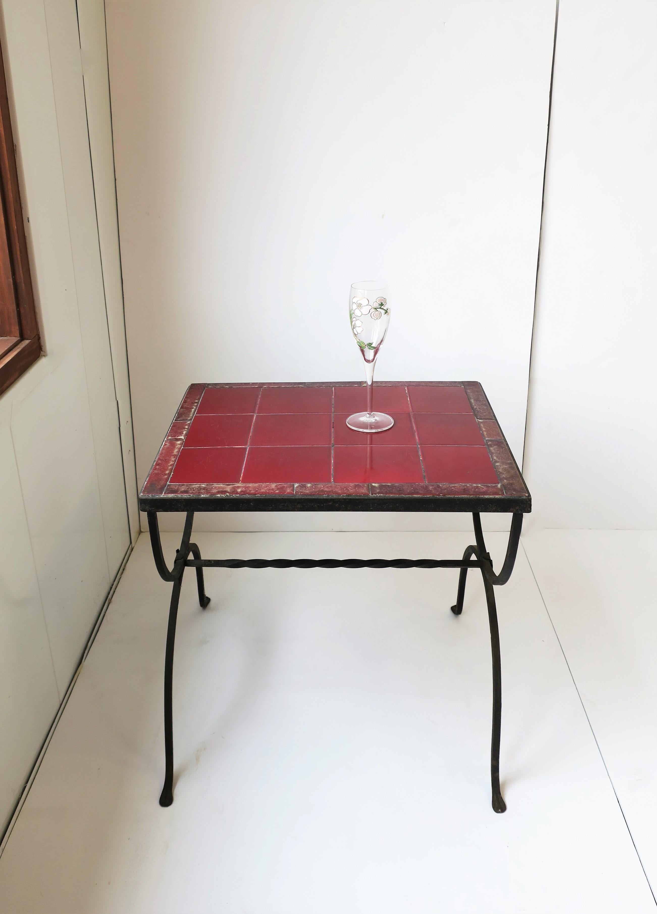 20th Century Red Burgundy Tile Top & Iron Side or End Table Patio & Outdoors Regency Revival