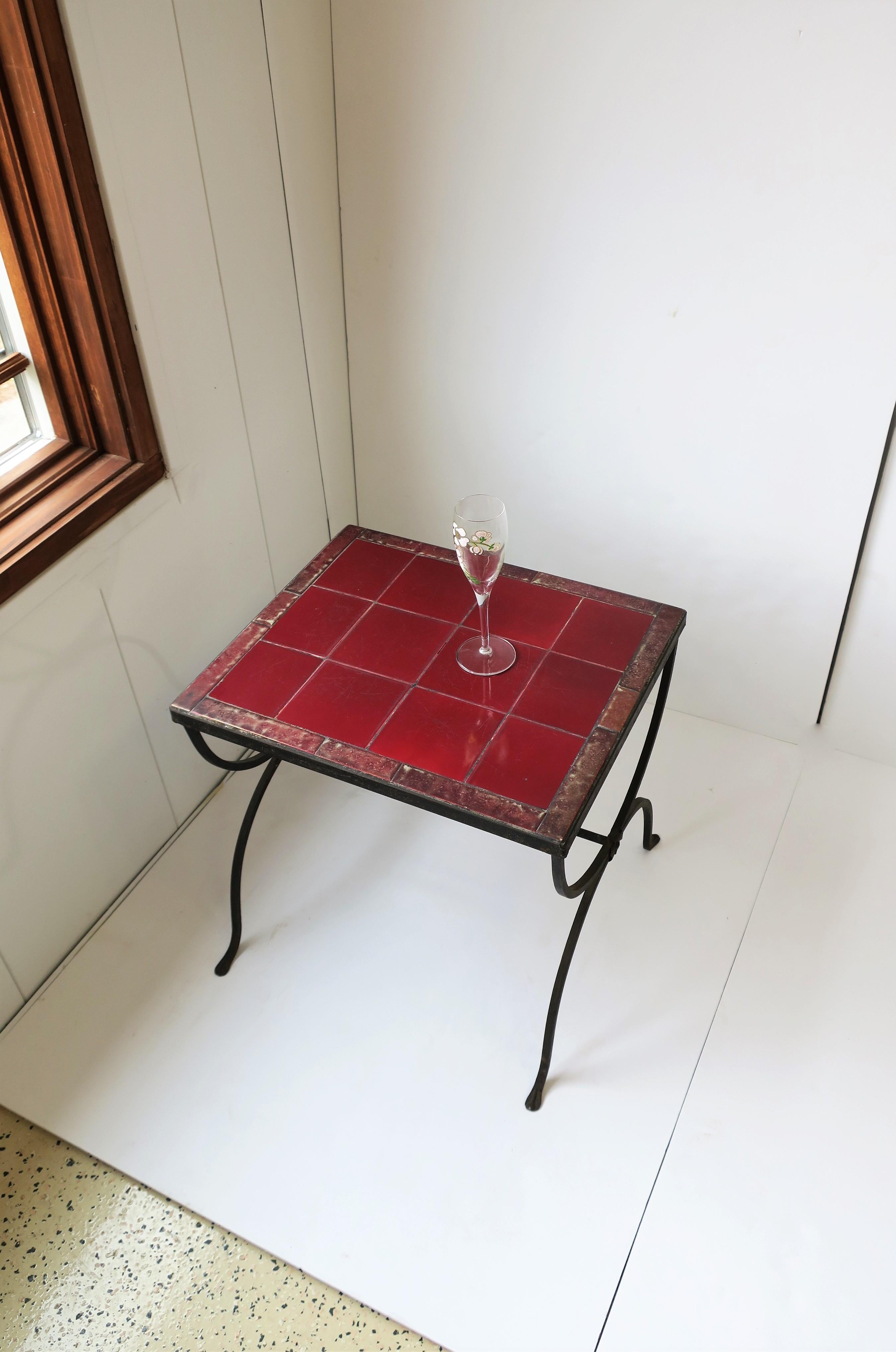 Ceramic Red Burgundy Tile Top & Iron Side or End Table Patio & Outdoors Regency Revival