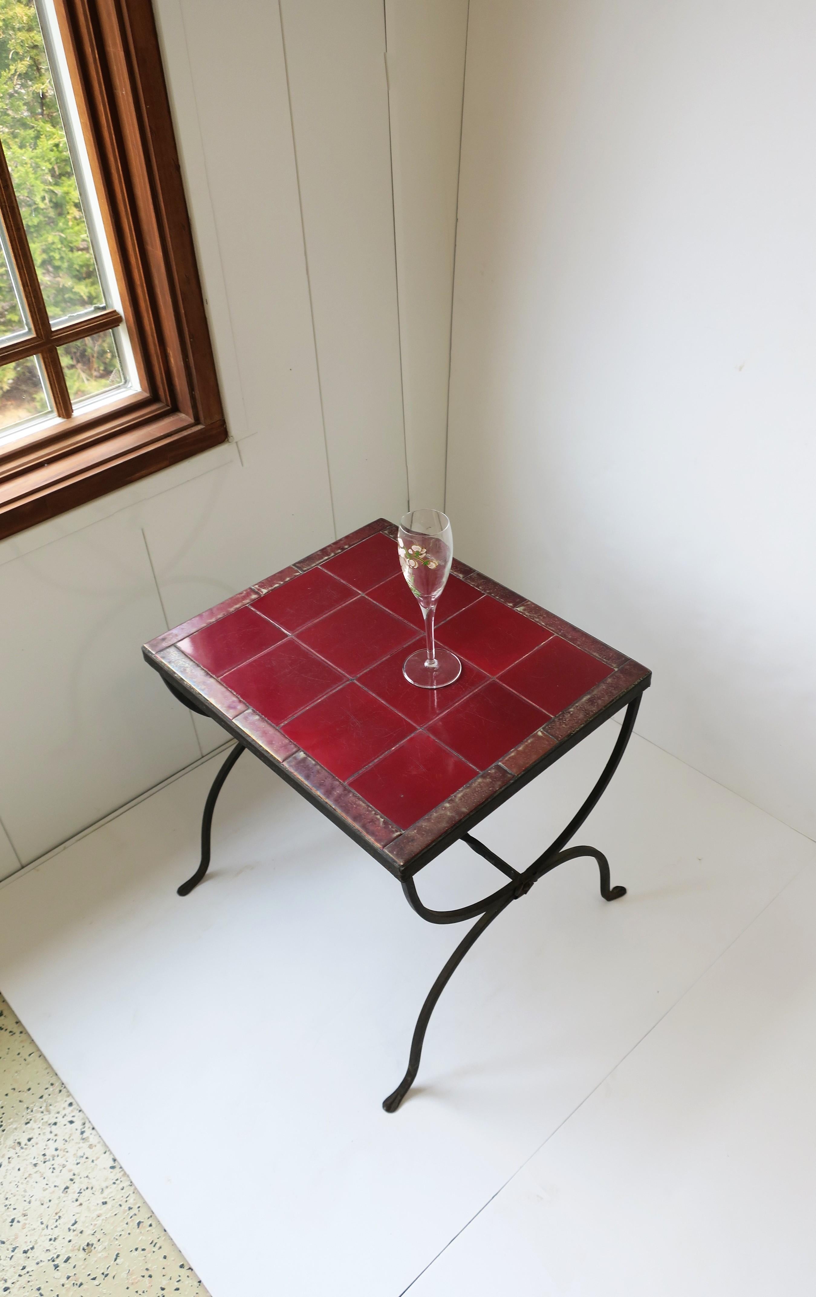 Red Burgundy Tile Top & Iron Side or End Table Patio & Outdoors Regency Revival 1