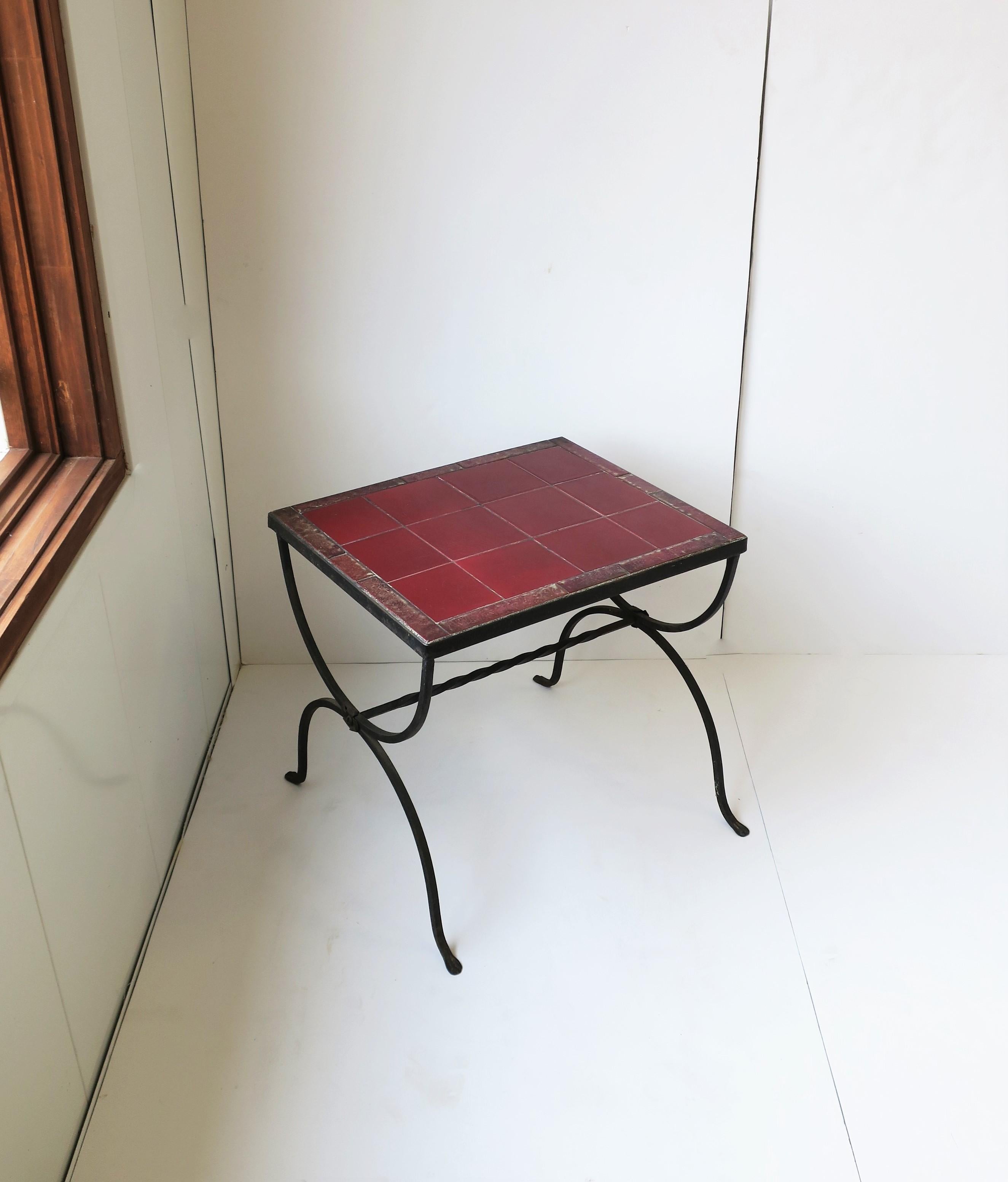 Red Burgundy Tile Top & Iron Side or End Table Patio & Outdoors Regency Revival 2