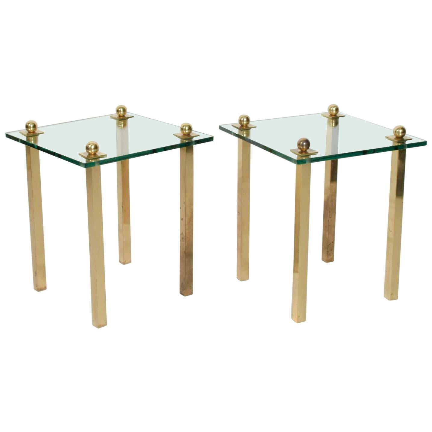 1970s Modern Regency Pair of Brass Side Tables Square Glass For Sale