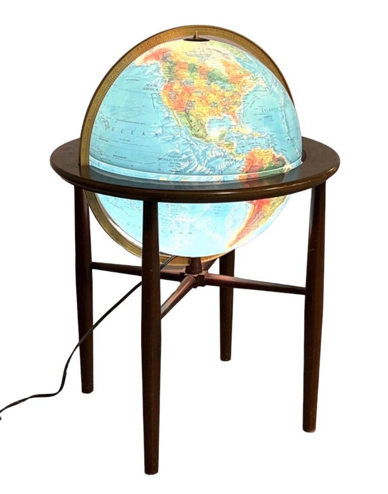 Midcentury Modern Replogle Illuminated Glow Globe on Wood Stand For ...