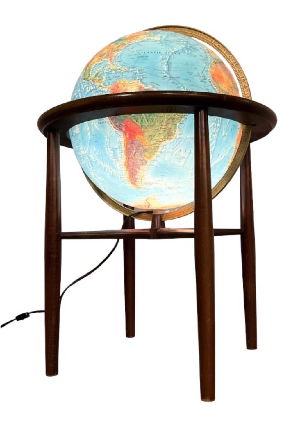 Midcentury Modern Replogle Illuminated Glow Globe on Wood Stand In Good Condition For Sale In Brooklyn, NY