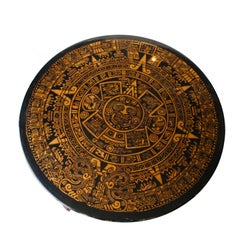 Mid-Century Modern Round Black Gold Aztec Motifs Center Table, Italy, 1950