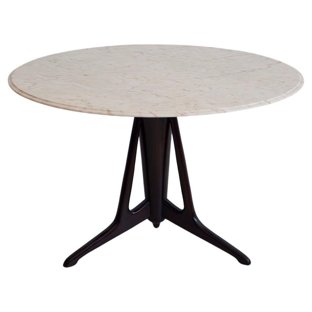 Midcentury Modern Round Marble and Ebonized Wood Dining Table For Sale