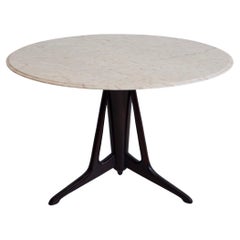 Retro Midcentury Modern Round Marble and Ebonized Wood Dining Table