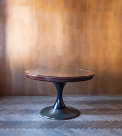 Mid-Century Modern Round Wooden Brass Dining Table, Italy, 1950s