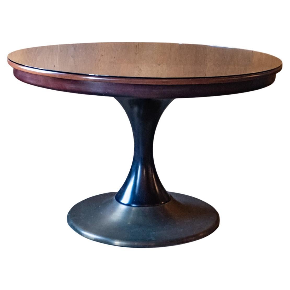 Mid-Century Modern Round Wooden Brass Dining Table, Italy, 1950s For Sale