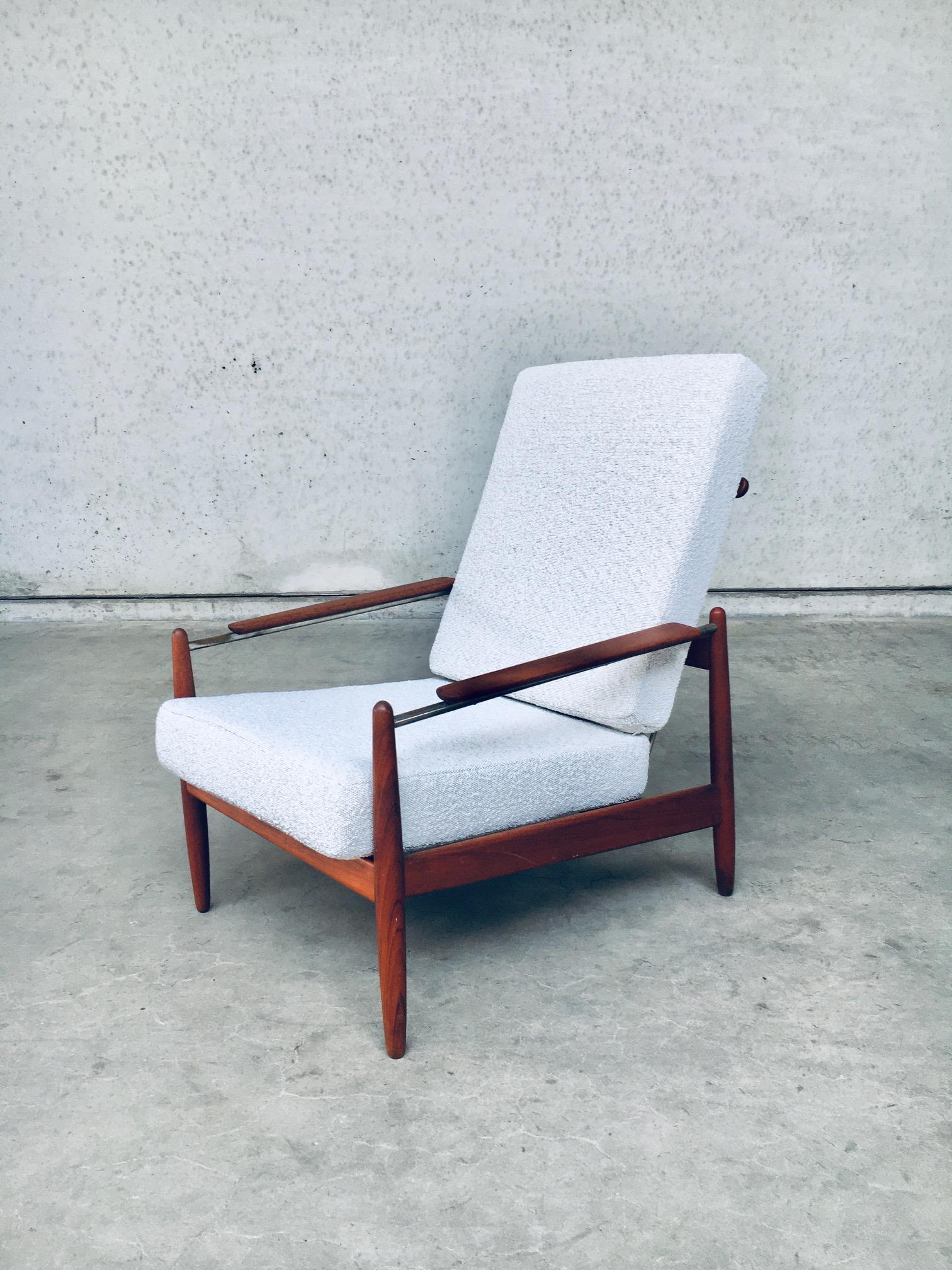 Vintage Mid-Century Modern Scandinavian design armchair Fauteuil, made in Denmark 1960's. Teak and metal frame with boucle reupholstered original cushions. Teak floating armrests on metal tube frame. Rare combination in use of materials. Beautiful