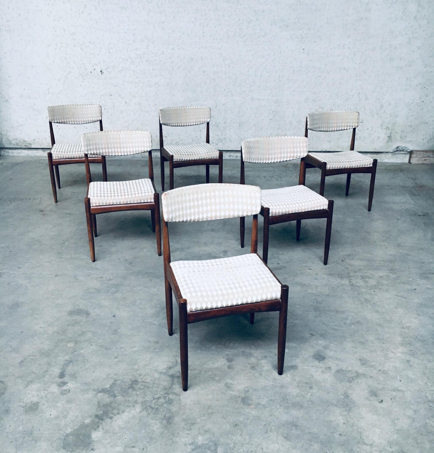Vintage Mid-Century Modern Scandinavian Design Teak Dining Chair set of 6, made in Denmark, in the 1960's period. Teak wood construction frame with checkered beige fabric seats and back. All chairs are in very good original condition. Each chair