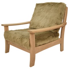 Midcentury Modern Scandinavian Light Oak Wood and Faux Fur Armchair, circa 1970