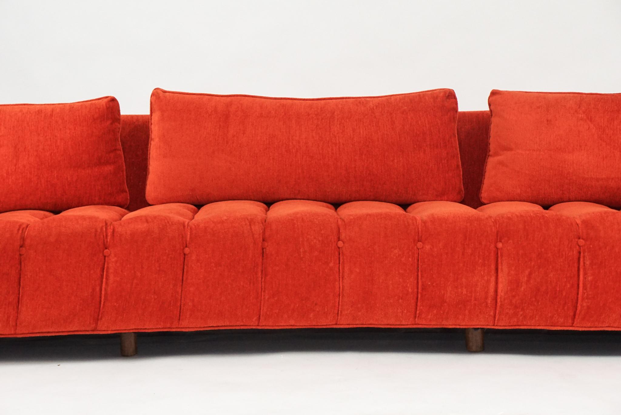 20th Century Mid-Century Modern Sculptural Curved Tufted Erwin Lambeth Sofa in Red