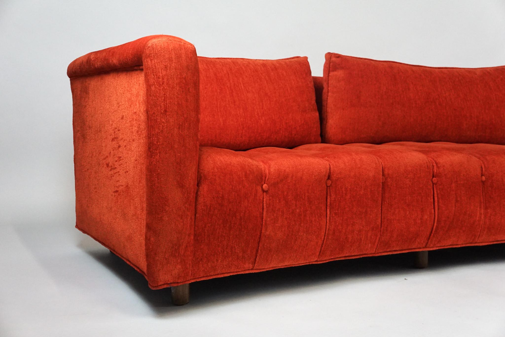 Upholstery Mid-Century Modern Sculptural Curved Tufted Erwin Lambeth Sofa in Red