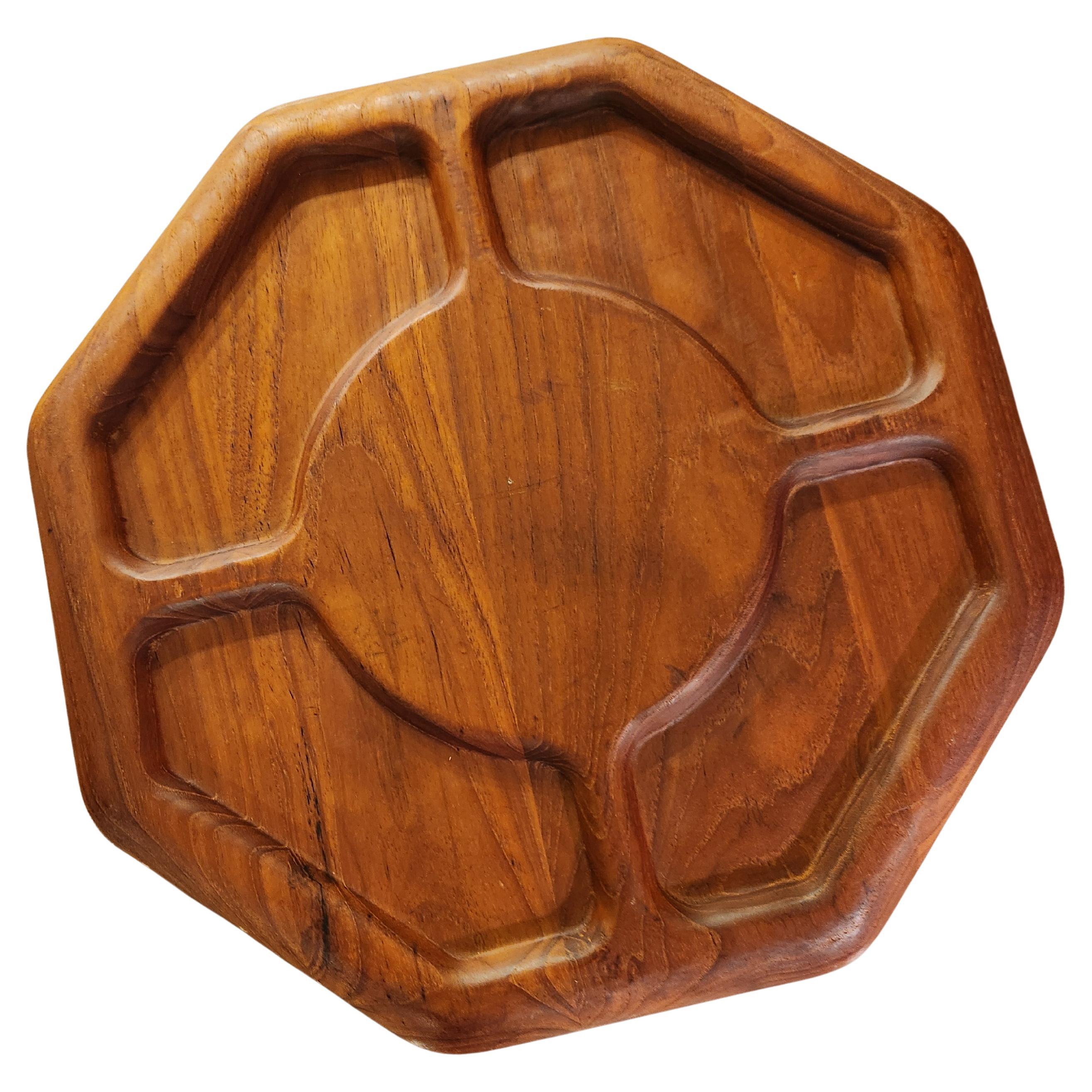 Midcentury Modern Sculptural Solid Teak Platter Lazy Susan Swirl For Sale