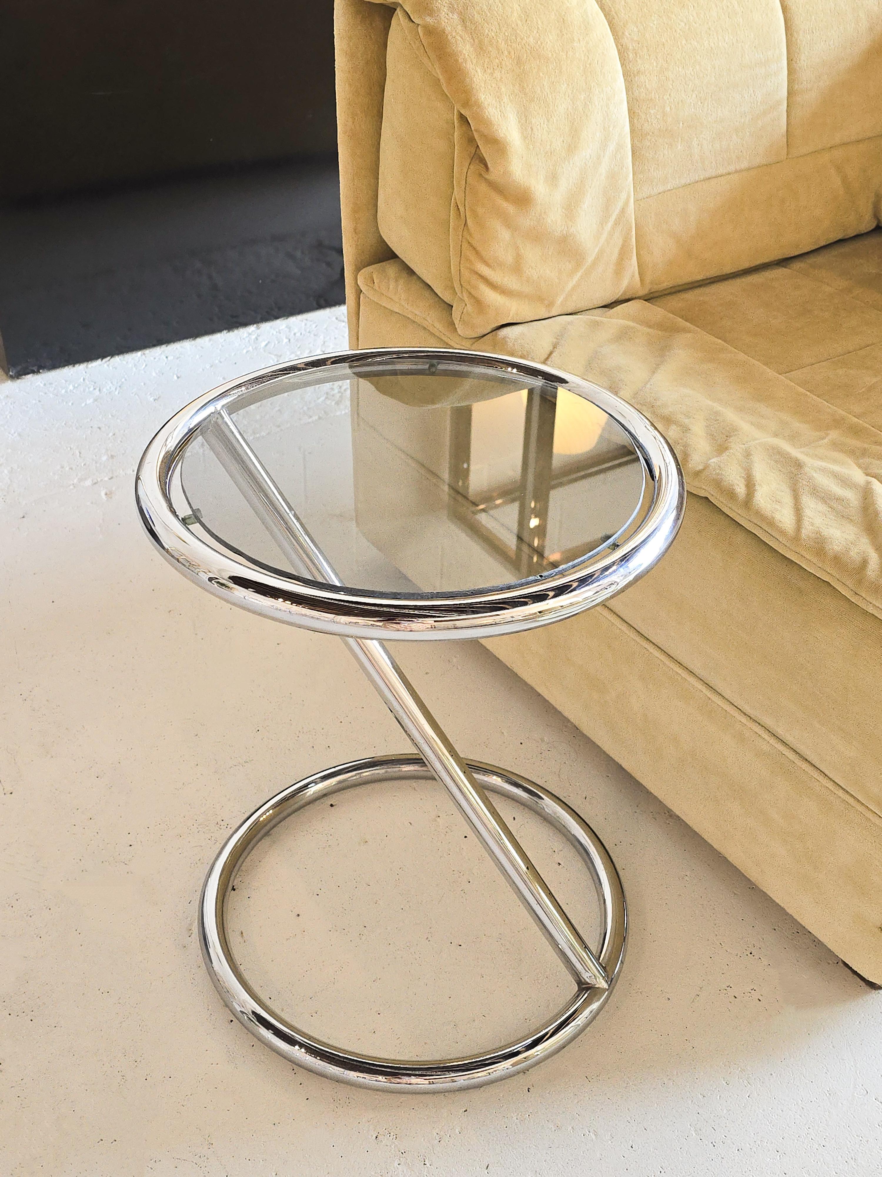 Mid-Century Modern Midcentury Modern Sculptural Tubular Chrome Side Table with Tinted Glass