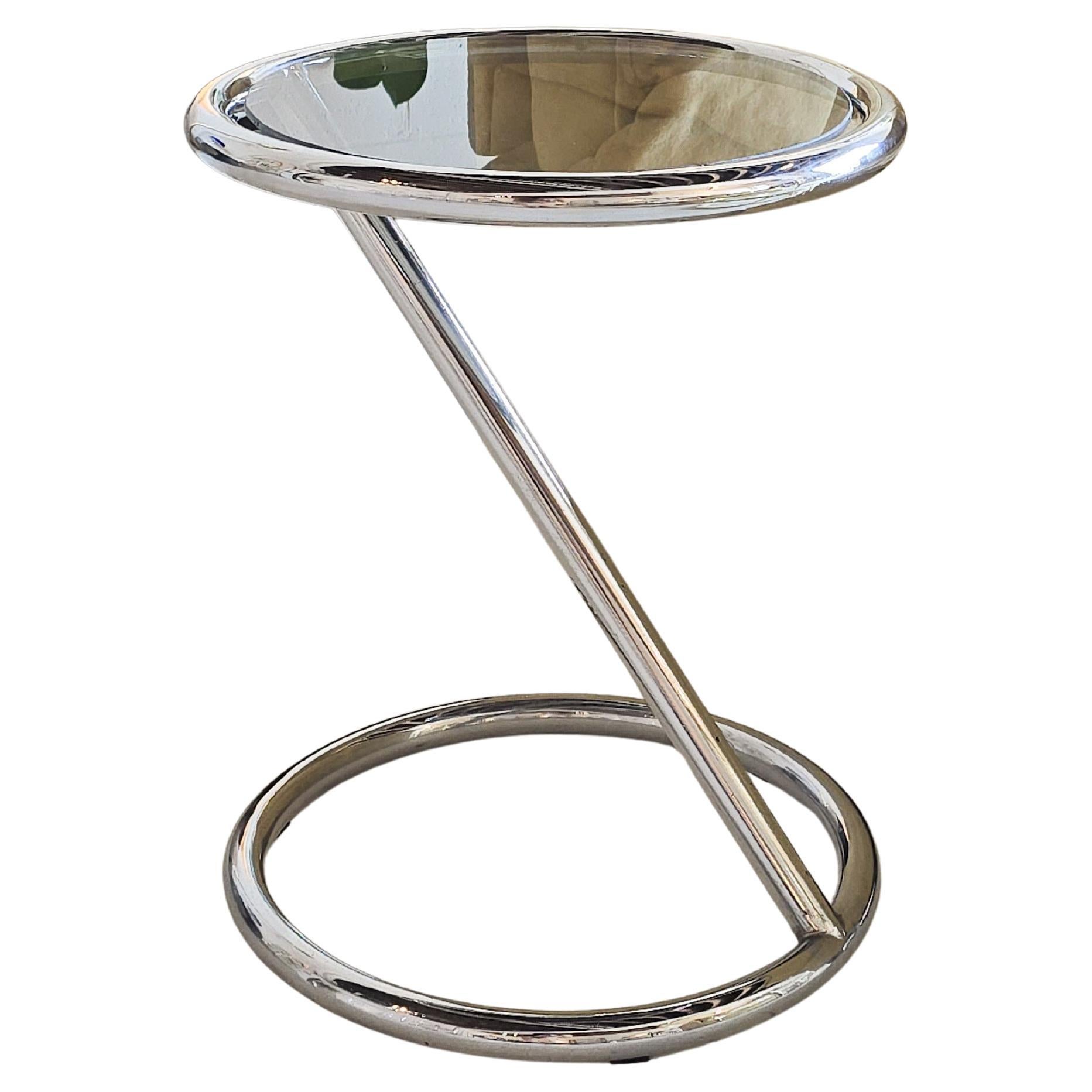 Midcentury Modern Sculptural Tubular Chrome Side Table with Tinted Glass